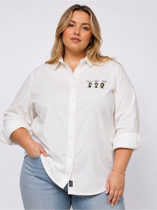 Wildfang Tops - Wildfang x Peanuts Long Sleeve Oxford Button-Up Shirt, Creamy White, 1X